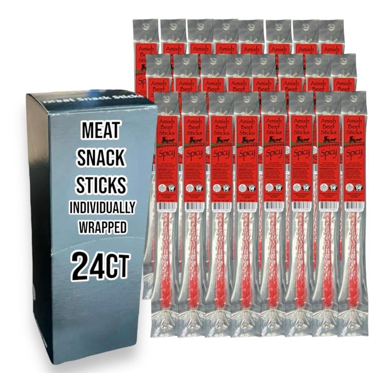 Beef Snack Sticks - Spicy - 24 Individually Wrapped - Amish Beef Sticks Beef