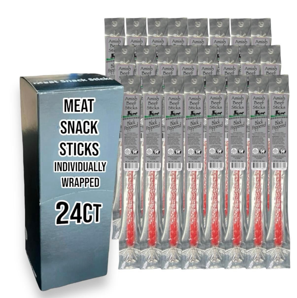 Beef Snack Sticks - Black Peppered - 24 Individually Wrapped - Amish Beef Sticks